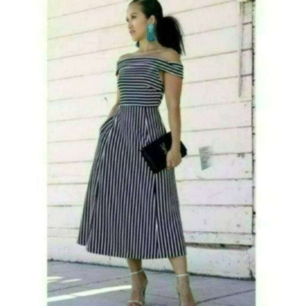 Banana Republic Women's Size 2 Black White Stripe Off The Shoulder Midi Dress